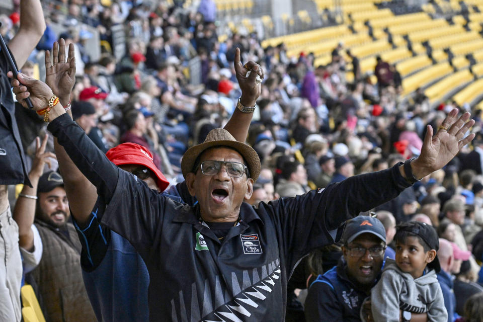 Fans react during the T20 cricket international between Australia and New Zealand in Wellington, New Zealand, Wednesday, Feb. 21, 2024. (Masanori Udagawa/Photosport via AP)