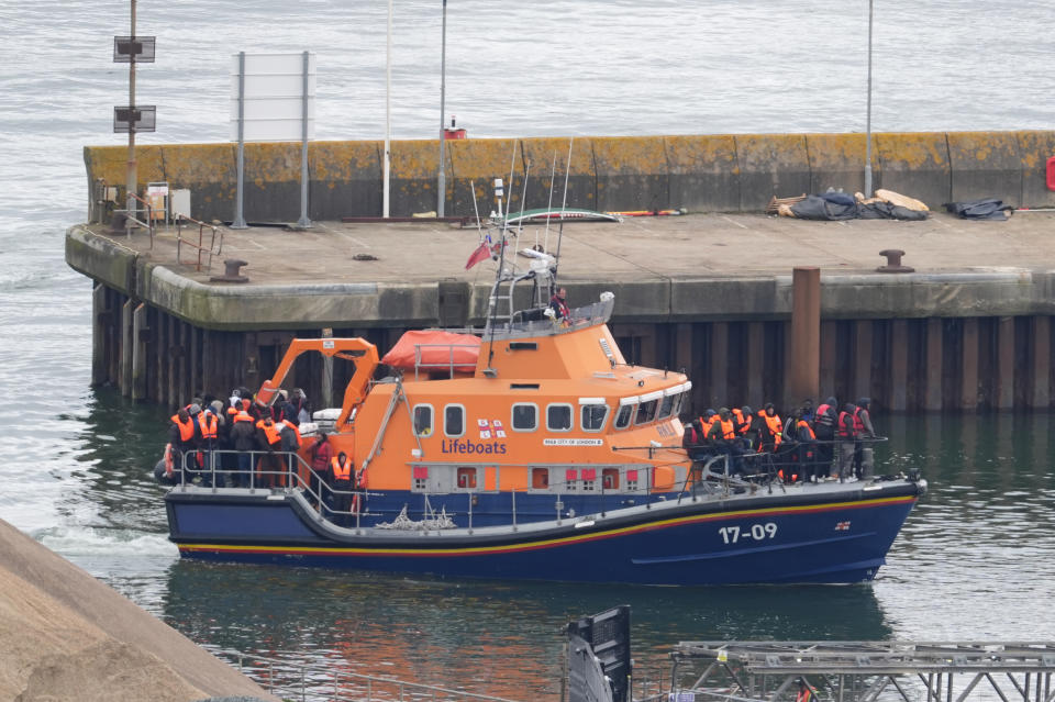 A group of people thought to be migrants are brought in to Dover, Kent, by the Border Force following a small boat incident in the Channel. Picture date: Tuesday April 23, 2024. (Photo by Gareth Fuller/PA Images via Getty Images)