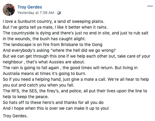 Pictured is a screenshot of a post about the NSW bushfires on Facebook from Troy Gerdes. 