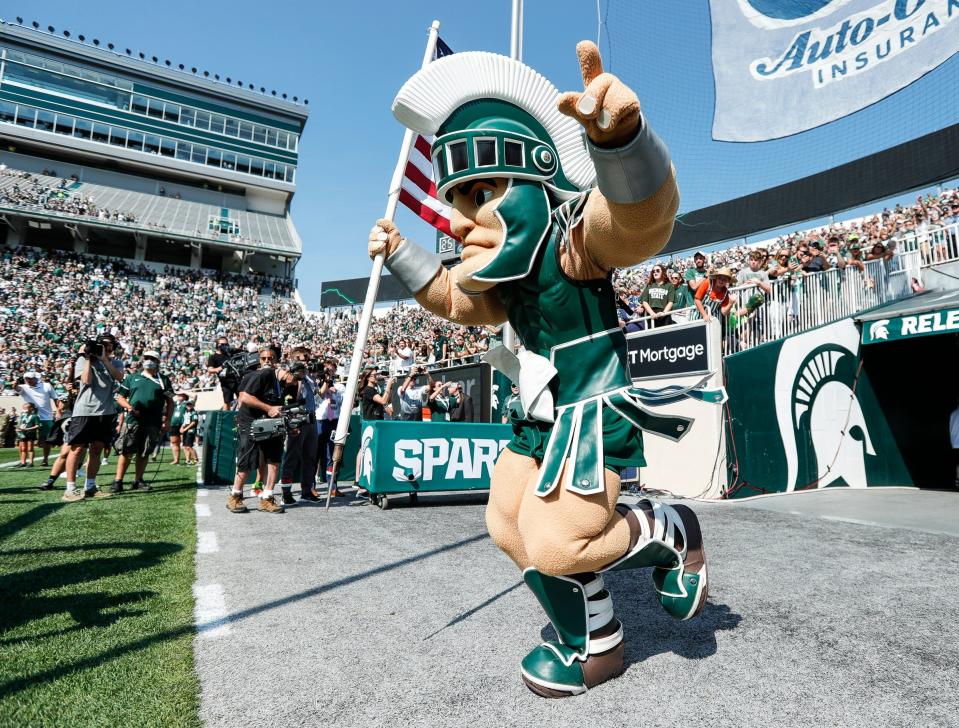 Michigan State mascot Sparty takes the field before the Youngstown State game at Spartan Stadium in East Lansing on Saturday, Sept. 11, 2021. Credit: USA TODAY Sports