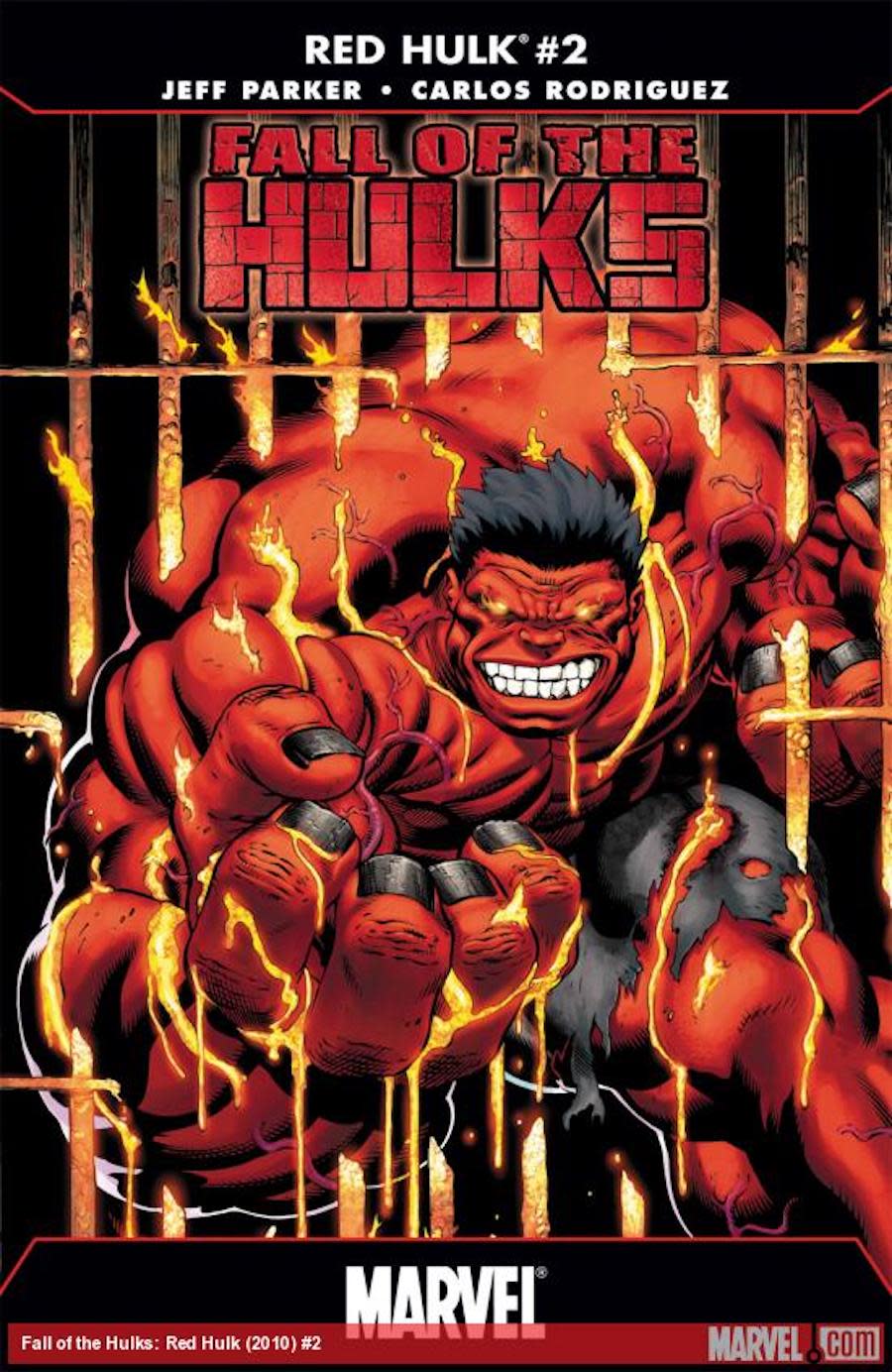 A snarling red version of Hulk with black hair from Marvel comics