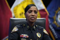 Memphis Police Director Cerelyn Davis speaks during an interview with The Associated Press in Memphis, Tenn., Friday, Jan. 27, 2023, in advance of the release of police body cam video showing Tyre Nichols being beaten by Memphis police officers. Nichols later died as a result of the incident. (AP Photo/Gerald Herbert)