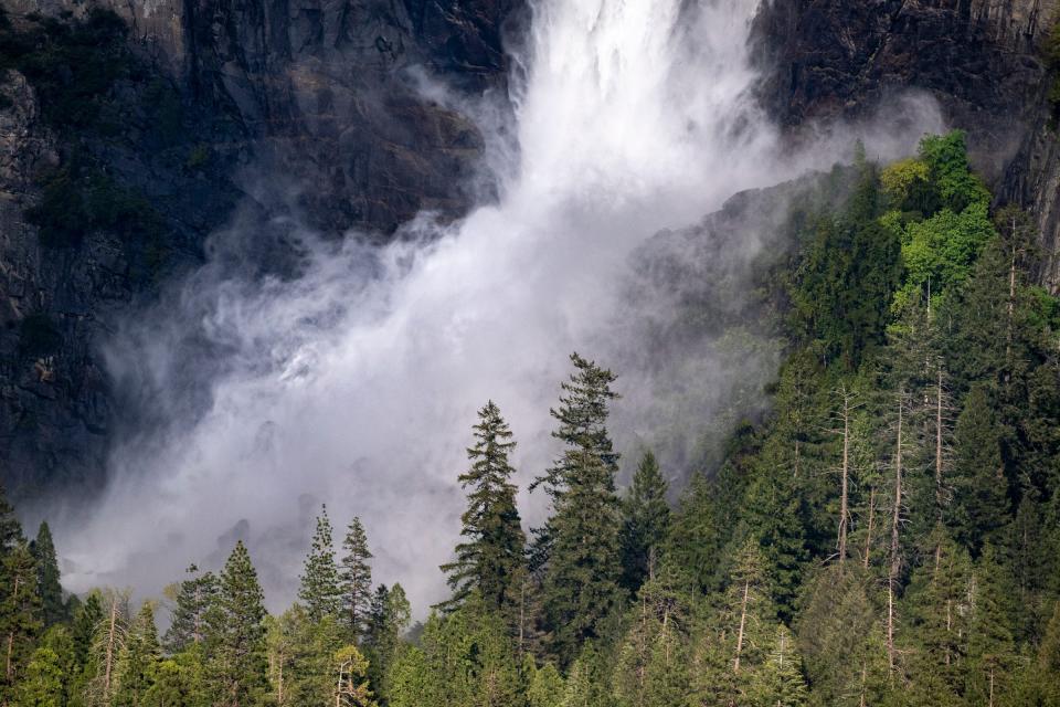 Mist from the base of Bridalveil Fall on Thursday, May 25, 2023 gathers behind trees in Yosemite National Park.