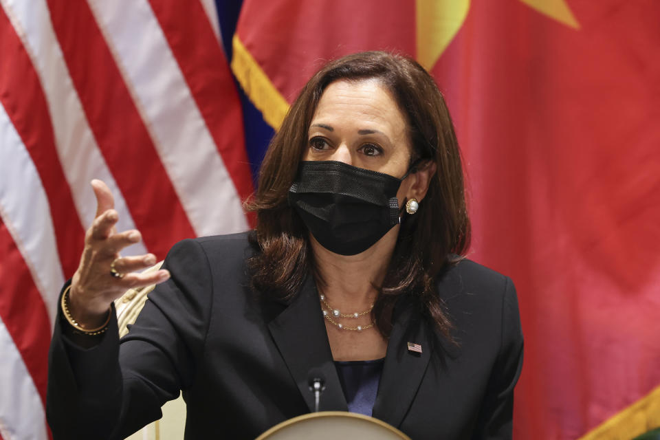 U.S. Vice President Kamala Harris meets with civil society change makers who work on LGBT, transgender, and disability rights and climate change, at the U.S. Chief of Mission's residence in Hanoi, Vietnam, Thursday, Aug. 26, 2021. (Evelyn Hockstein/Pool Photo via AP)