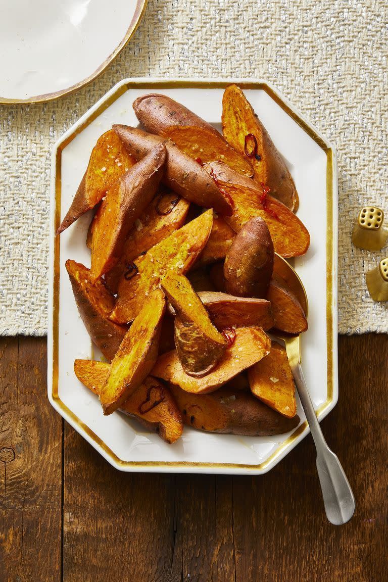 vanilla roasted sweet potatoes on a white plate