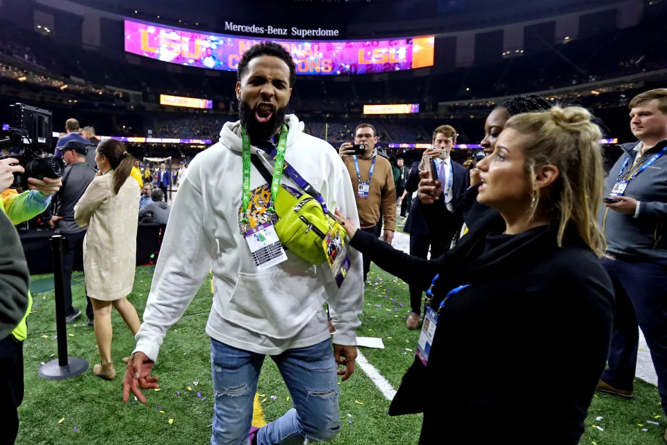 Jan 13, 2020; New Orleans, Louisiana, USA; Cleveland Browns wide receiver Odell Beckham Jr. celebrates after the LSU Tigers beat the Clemson Tigers in the College Football Playoff national championship game at Mercedes-Benz Superdome. Mandatory Credit: Chuck Cook-USA TODAY Sports