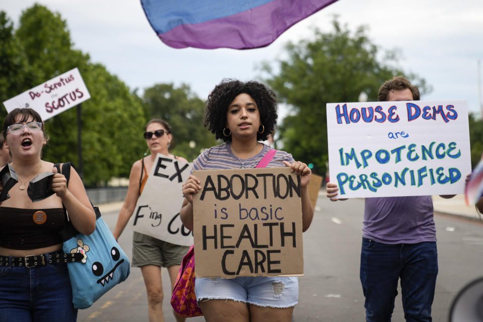 People walking on a street hold signs reading: De-Scrotus the SCOTUS, Abortion is basic health care, and House dems are impotence personified.