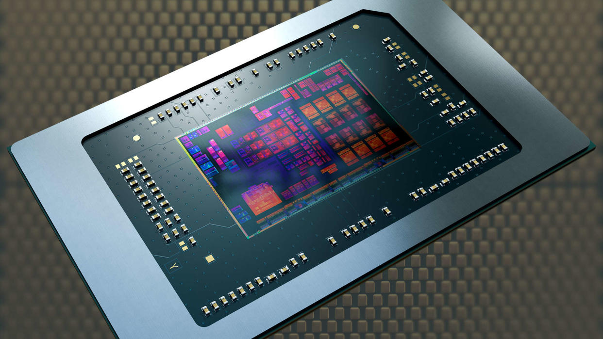  AMD Phoenix mobile chip image against a processor base plate backdrop. 