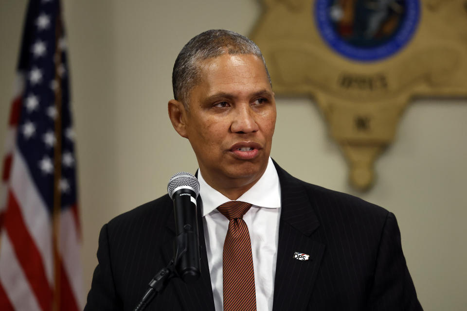 Secretary of North Carolina Department of Public Safety Eddie M Buffaloe speaks at a news conference on Monday, Dec. 5, 2022, at the Moore County Sheriff's Office in Carthage, N.C., regarding an attack on critical infrastructure that has caused a power outage to many around Moore County. (AP Photo/Karl B DeBlaker)