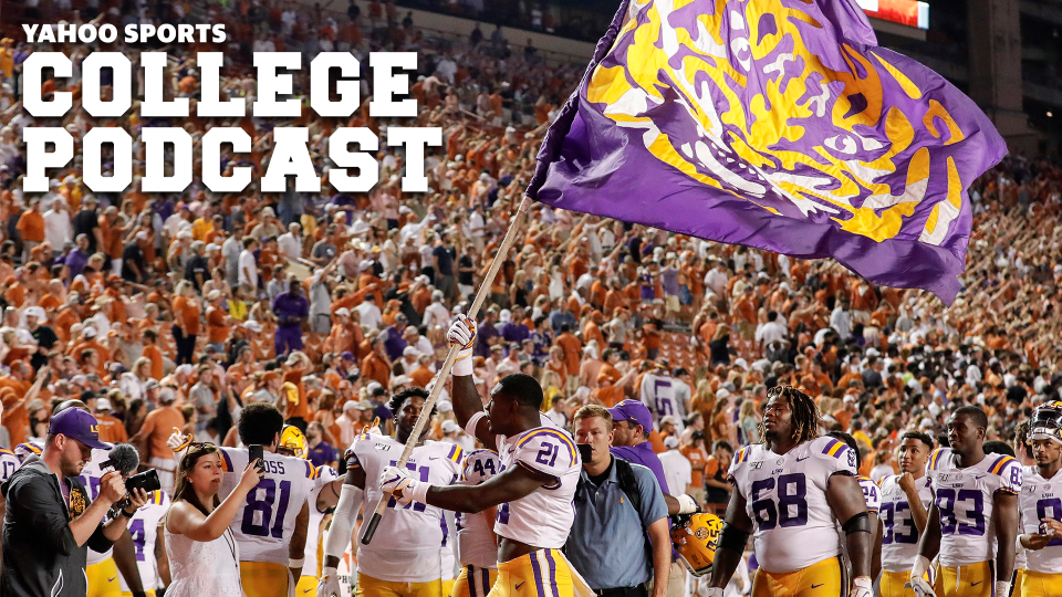 AUSTIN, TX - SEPTEMBER 07: Kenan Jones #21 of the LSU Tigers celebrates with a flag after the game against the Texas Longhorns at Darrell K Royal-Texas Memorial Stadium on September 7, 2019 in Austin, Texas. (Photo by Tim Warner/Getty Images)