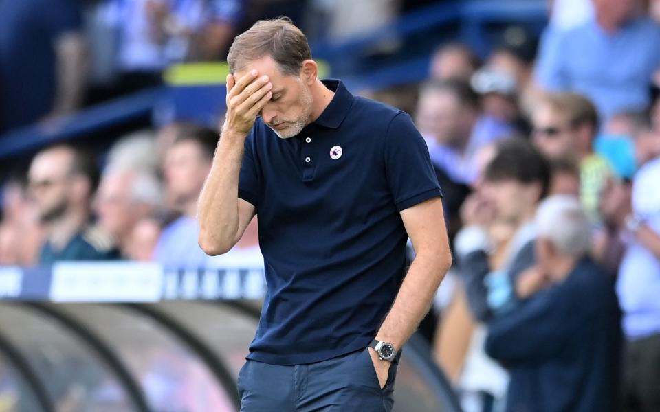 Chelsea Manager Thomas Tuchel reacts after Leeds United's Rodrigo Moreno scores his team's second goal