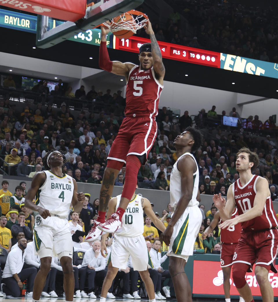 Oklahoma guard Rivaldo Soares dunks against Baylor during the first half of an NCAA college basketball game Tuesday, Feb. 13, 2024, in Waco, Texas. (Rod Aydelotte/Waco Tribune-Herald via AP)