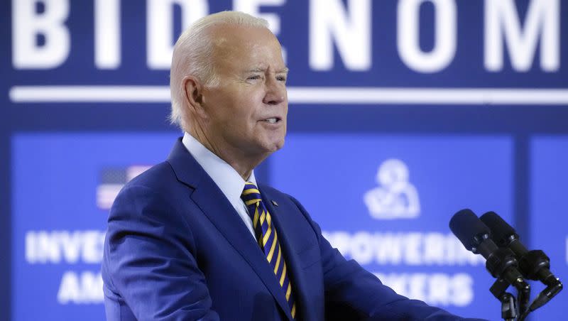 President Joe Biden speaks during a stop at a solar manufacturing company that’s part of his “Bidenomics” rollout on Thursday, July 6, 2023, in West Columbia, S.C.