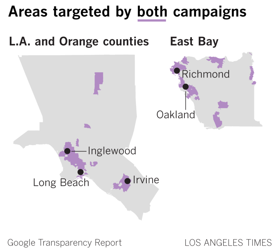 Maps of L.A., Orange County and the east Bay Area are shaded around Inglewood, Long Beach, Irvine, Oakland, Richmond.