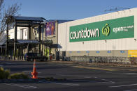 A general view outside a supermarket in Auckland, New Zealand, Saturday, Sept. 4, 2021. New Zealand authorities say they shot and killed a violent extremist, Friday Sept. 3, after he entered a supermarket and stabbed and injured six shoppers. Prime Minister Jacinda Ardern described Friday's incident as a terror attack. (AP Photo/Brett Phibbs)