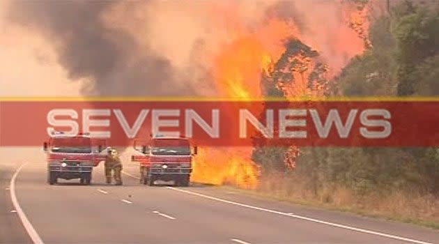 An emergency warning has been issued for the Purfleet area, south of Taree, where a fierce blaze has closed the Pacific Highway. Photo: FIRST ON 7