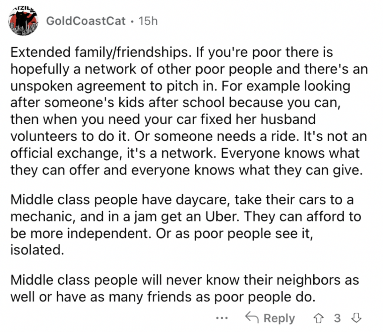 Reddit screenshot about poor people being closer to extended family.