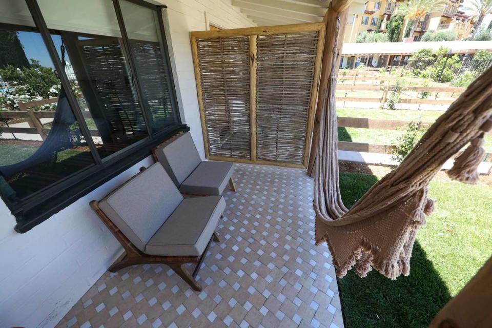 Each room at the newly renovated River Lodge in Paso Robles has a patio and hammock. Car parking has been moved to the outer perimeter. Seen in these photos June 7, 2024.