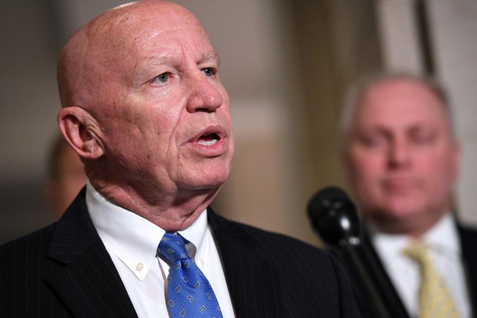 US Representative Kevin Brady (C) (R-TX) speaks to reporters flanked by Republican minority whip Steve Scalise (R) (R-LA) at the US Capitol in Washington, DC, on May 18, 2021. (Photo by Mandel NGAN / AFP) (Photo by MANDEL NGAN/AFP via Getty Images)