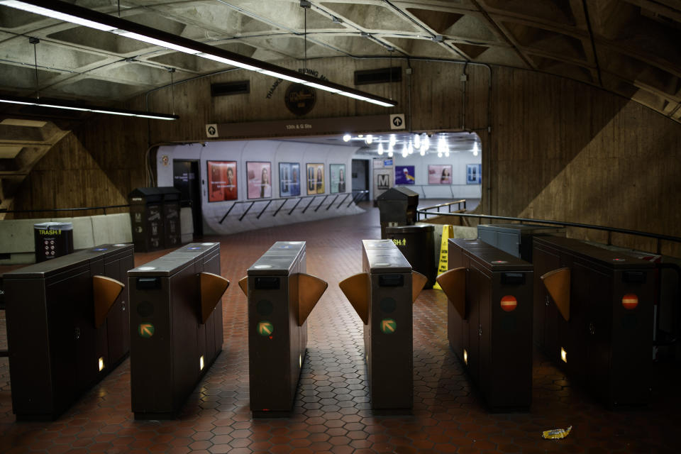 A March 31, 2020 photo shows a vacant metro station during rush hour in Washington D.C.