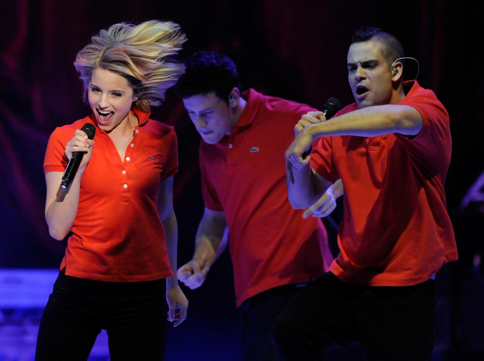 LAS VEGAS, NV - MAY 21: (L-R) Actress Dianna Agron and actors Cory Monteith and Mark Salling perform during the kickoff of the Glee Live! In Concert! tour at the Mandalay Bay Events Center May 21, 2011 in Las Vegas, Nevada. (Photo by Ethan Miller/Getty Images)