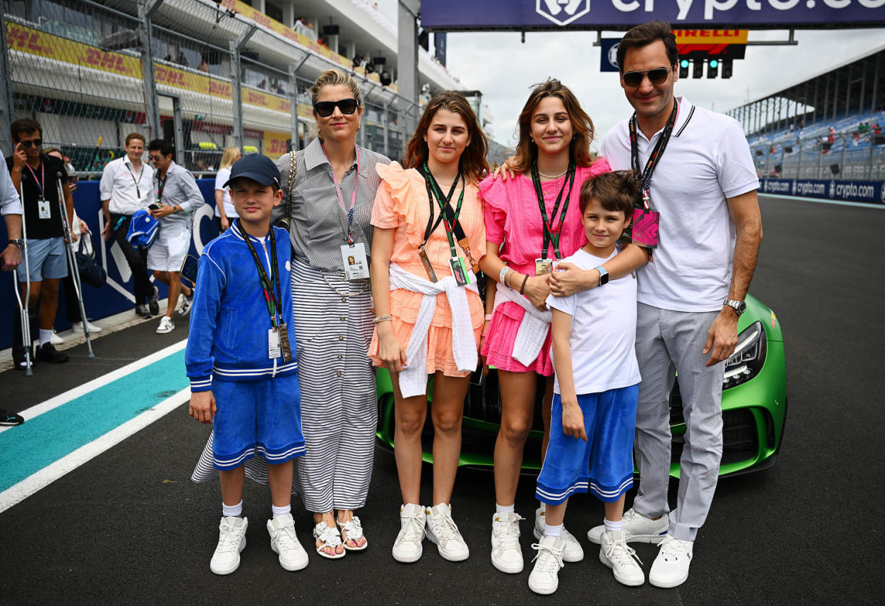 Roger and Mirka Federer with their family in 2023. (Clive Mason / Formula 1 via Getty Images)