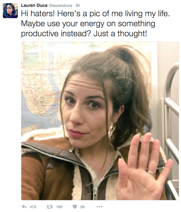 Lauren Duca tweeted 'haters' following abuse after news of the ban.