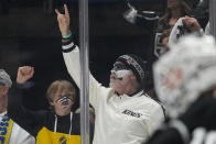 Actor Will Ferrell celebrates after Los Angeles Kings right wing Viktor Arvidsson (33) scored during the first period of Game 4 of an NHL hockey Stanley Cup first-round playoff series hockey game against the Edmonton Oilers Sunday, April 23, 2023, in Los Angeles. (AP Photo/Ashley Landis)