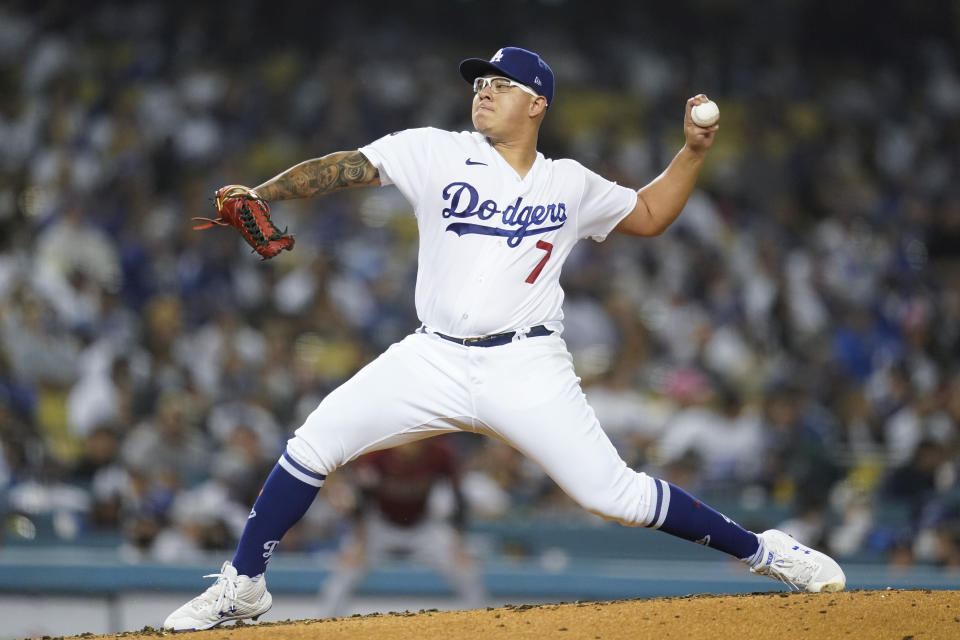 Los Angeles Dodgers starting pitcher Julio Urias (7) throws during the first inning of a baseball game against the Arizona Diamondbacks Wednesday, Sept. 15, 2021, in Los Angeles. (AP Photo/Ashley Landis)