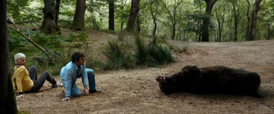 Stache (Aaron Holliday, left) and Eddie (Alden Ehrenreich) deal with the weird behavior of a coked-out animal in "Cocaine Bear."