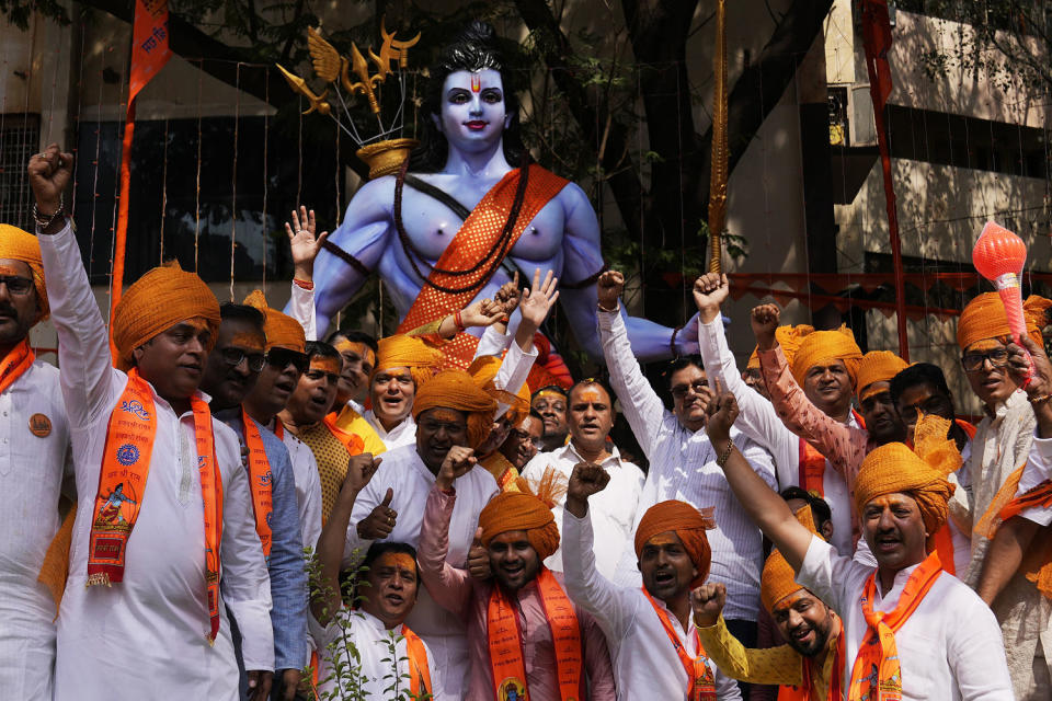 Indian Prime Minister Narendra Modi on Monday opened a controversial Hindu temple built on the ruins of a historic mosque in the holy city of Ayodhya in a grand event that is expected to galvanize Hindu voters in upcoming elections.  (Mahesh Kumar A. / AP)