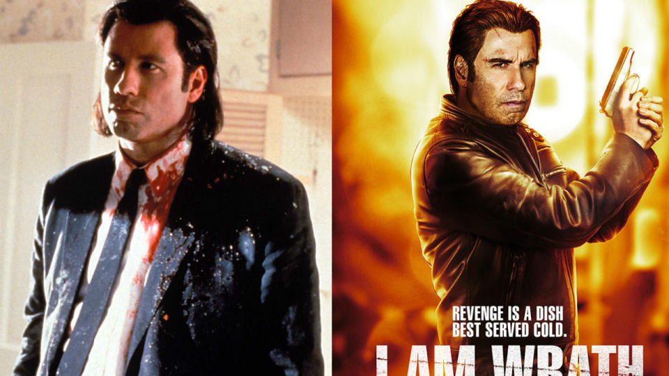 John Travolta as Vicent Vega in Pulp Fiction (L) and in I Am Wrath