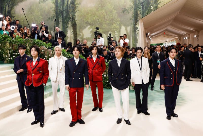 Stray Kids members Bang Chan, Han, Felix, Seungmin, Hyunjin, I.N, Lee Know and Changbin, from left to right, attend the Met Gala on Monday. Photo by John Angelillo/UPI