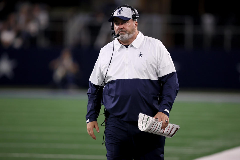 ARLINGTON, TEXAS - AUGUST 21: Head coach Mike McCarthy of the Dallas Cowboys reacts as the Dallas Cowboys take on the Houston Texans in the second half of a preseason NFL game at AT&T Stadium on August 21, 2021 in Arlington, Texas. (Photo by Tom Pennington/Getty Images)