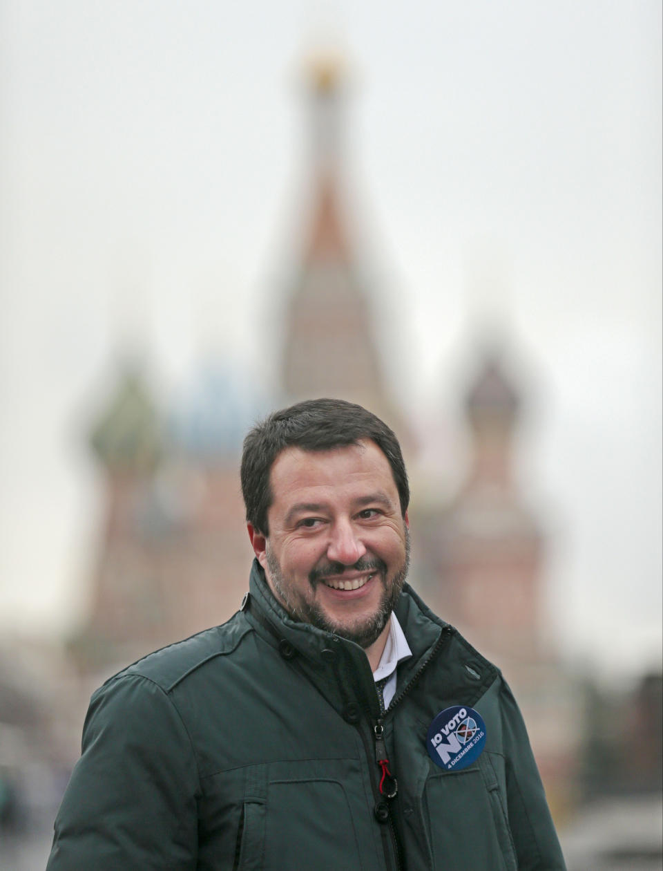 FILE - Italy's Northern League leader Matteo Salvini stands in the Red Square, with St. Basil Cathedral in the back, in Moscow, Russia, Friday, Nov. 18, 2016. The 49-year-old League party leader had been the unchallenged face of right-wing leadership in Italy until Giorgia Meloni's far-right party took off. Italy will elect a new Parliament on Sept. 25. (AP Photo/Ivan Sekretarev, File)