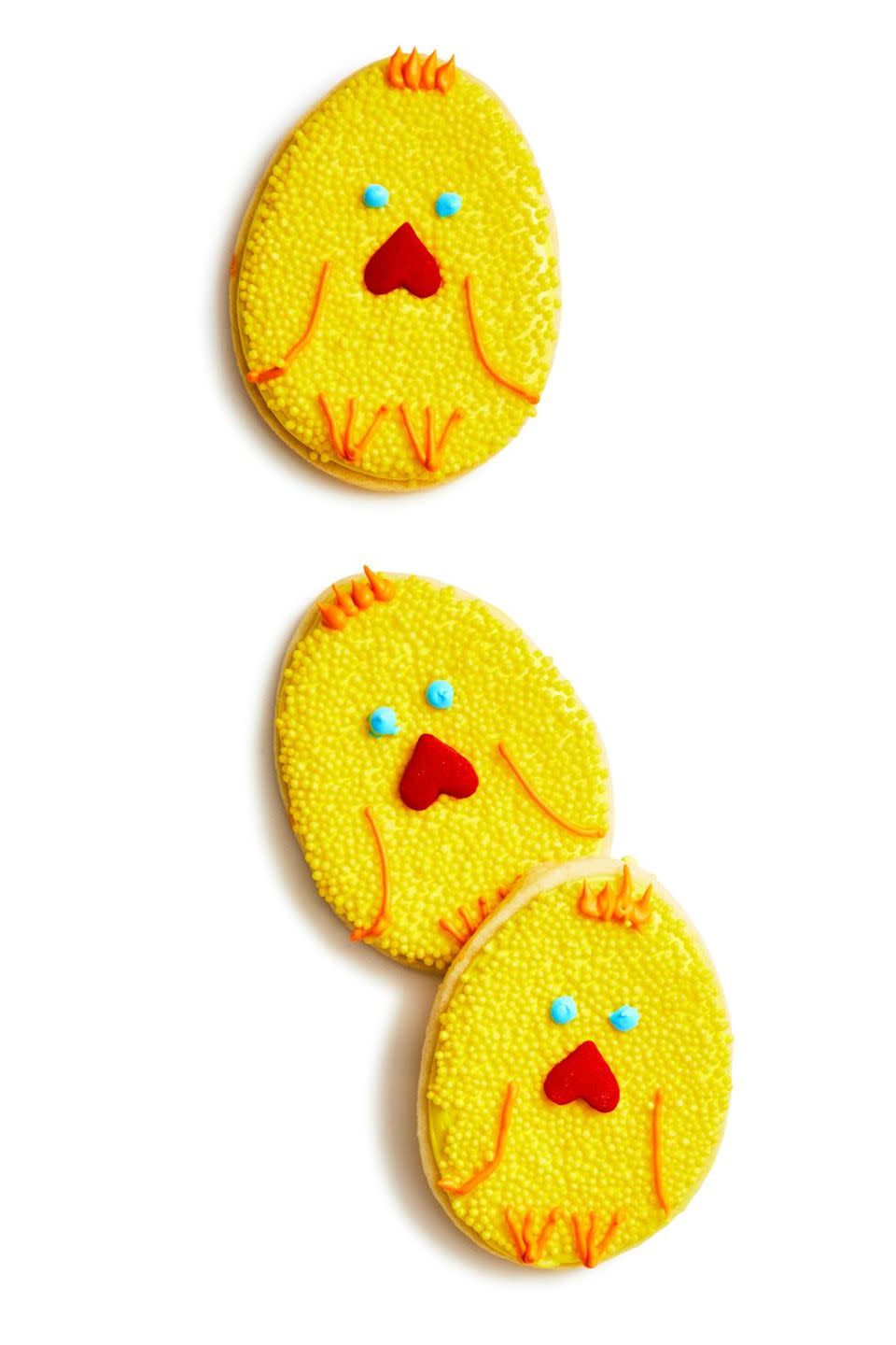 <p>Yellow sprinkles and homemade icing turn your favorite sugar cookie recipe into a kid-friendly Easter treat.</p><p>Get the <strong><a href="https://www.womansday.com/food-recipes/food-drinks/a19156849/cookie-chicks-recipe/" rel="nofollow noopener" target="_blank" data-ylk="slk:Chick Cookies recipe.;elm:context_link;itc:0;sec:content-canvas" class="link ">Chick Cookies recipe.</a></strong></p>