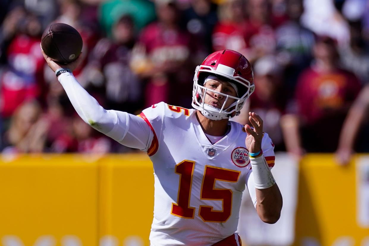 Kansas City Chiefs quarterback Patrick Mahomes throws a pass during the first half of the game against Washington earlier this season. Sunday's game against the Green Bay Packers was supposed to be about Mahomes vs. Aaron Rodgers, but that changed when Rodgers was ruled out because of COVID-19 protocols.