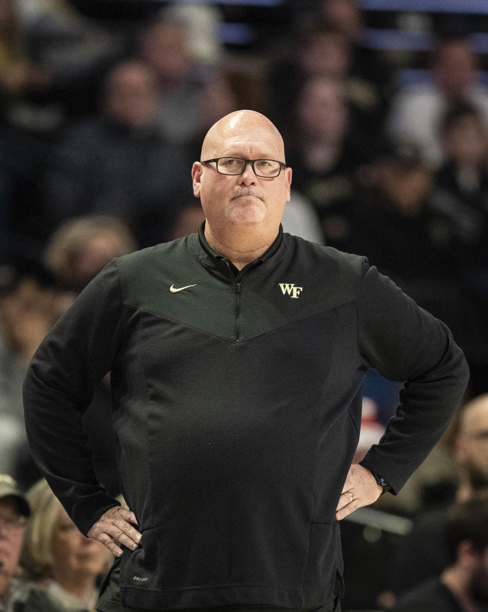 Wake Forest head coach Steve Forbes reacts to a play in the first half of an NCAA college basketball game against Appalachian State on Wednesday, Dec. 14, 2022, at Joel Coliseum in Winston-Salem, N.C. (Allison Lee Isley/The Winston-Salem Journal via AP)