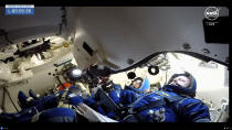 NASA astronauts Butch Wilmore, right and Suni Williams wait for liftoff inside the Boeing Starliner capsule at Space Launch Complex 41 Wednesday, June 5, 2024, in Cape Canaveral, Fla. The two astronauts are scheduled to liftoff on the Boeing Starliner capsule for a trip to the international space station. (NASA via AP)