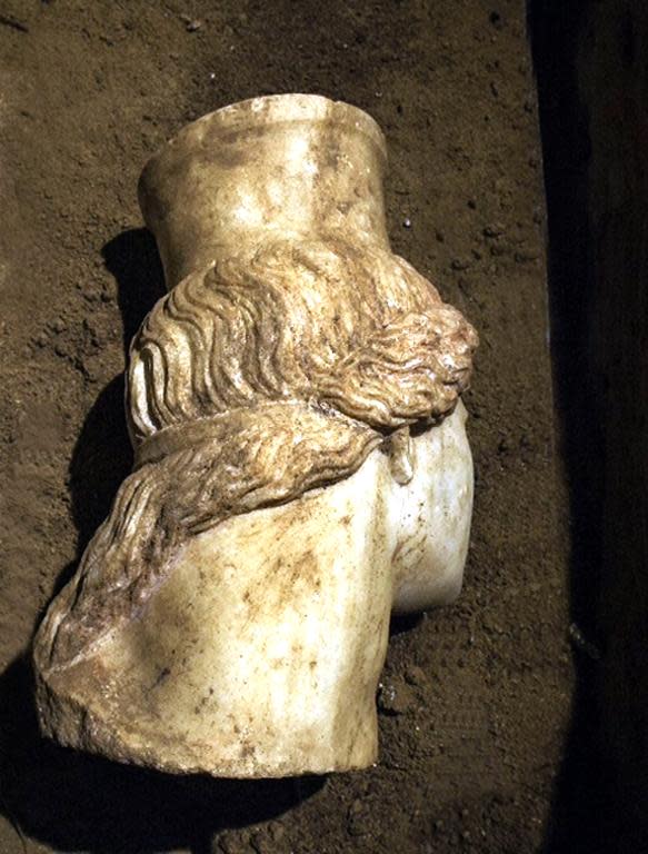 The head of a sphinx discovered in the largest tomb ever unearthed in Amphipolis, in the Macedonian region of northern Greece