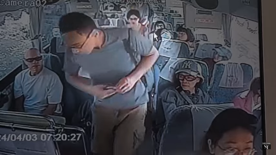 CCTV footage from inside a bus shows the last time missing Singaporean-Australian were seen before earthquake in Taiwan (Taiwan’s National Fire Agency)