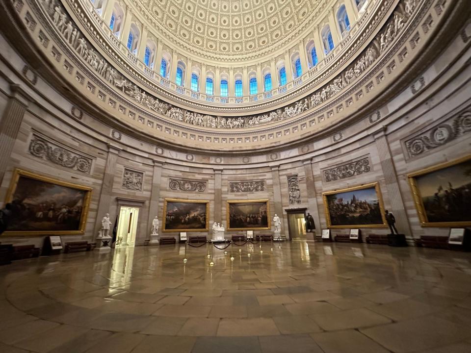 A panoramic view of the empty Capitol rotunda on a typical weekday evening.