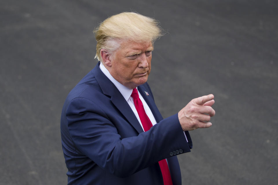 FILE - In this Sept. 9, 2019, file photo President Donald Trump speaks with reporters before departing on Marine One from the South Lawn of the White House in Washington. Trump has risked turmoil in the financial markets and damage to the U.S. economy in waging his trade war with China, America’s top strategic rival. But Trump hasn’t exactly gone easy on America’s friends either. From Europe to Japan, the president has stirred up under-the-radar trade disputes that potentially could erupt within weeks or months with damaging consequences. (AP Photo/Alex Brandon, File)