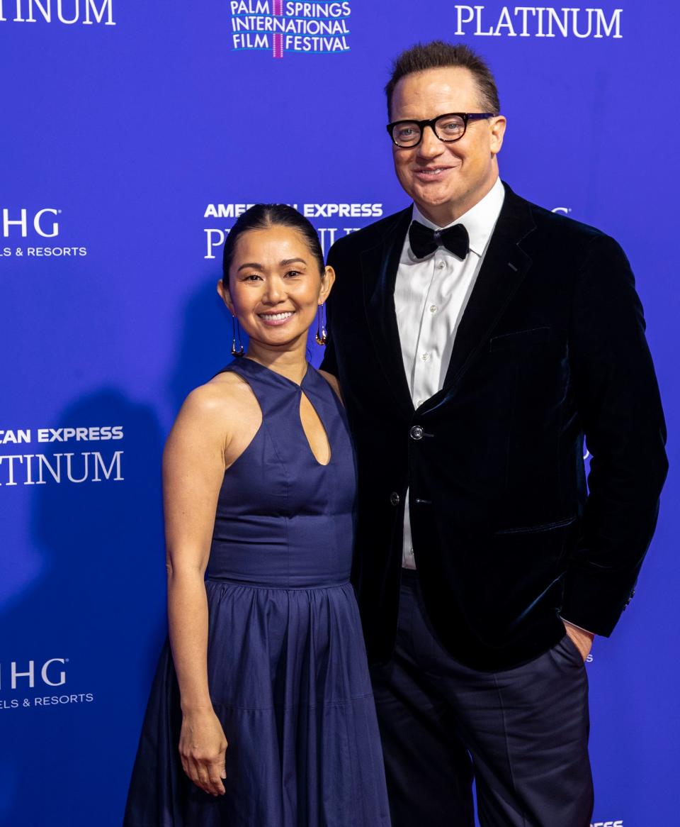 Actor Brendan Fraser and actress Hong Chau of "The Whale" pose together on the red carpet at the Palm Springs International Film Awards in Palm Springs, Calif., Thursday, Jan. 5, 2023. 