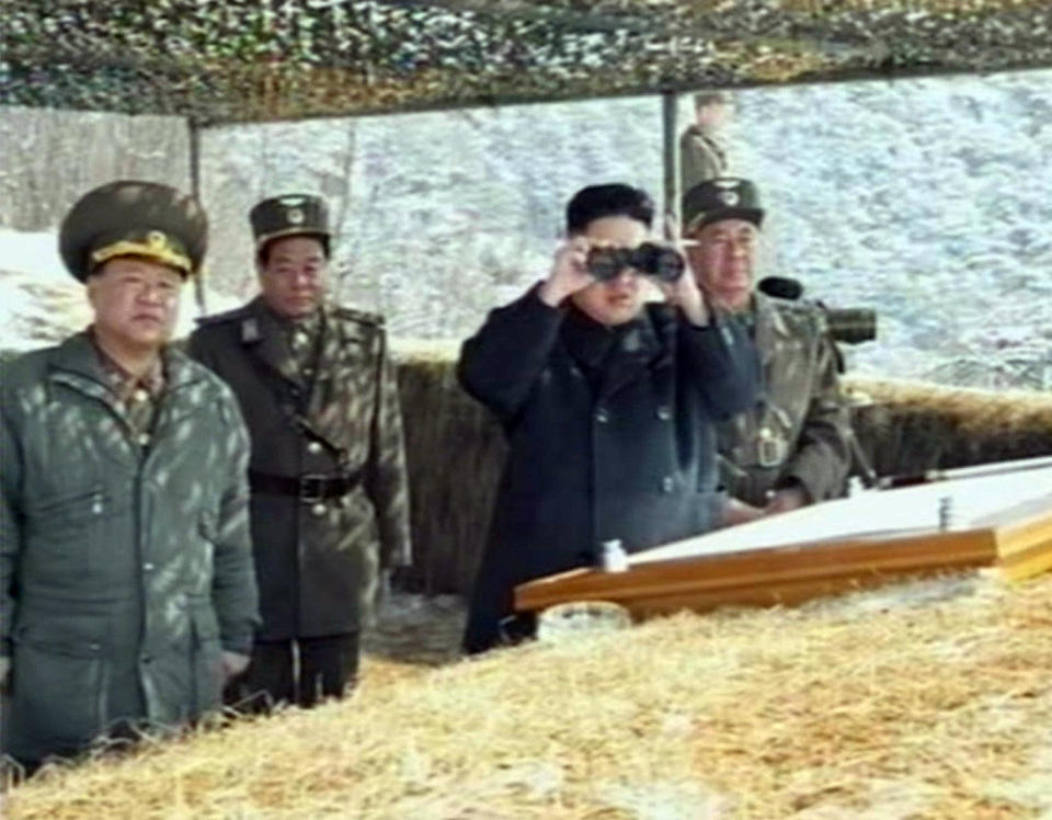 This video grab taken from North Korean TV on March 20, 2013 shows North Korean leader Kim Jong-Un's overseeing a live fire military drill. Kim Jong-Un oversaw a live fire military drill using drones and cruise missile interceptors, state media said, amid heightened tensions on the Korean peninsula.&nbsp;