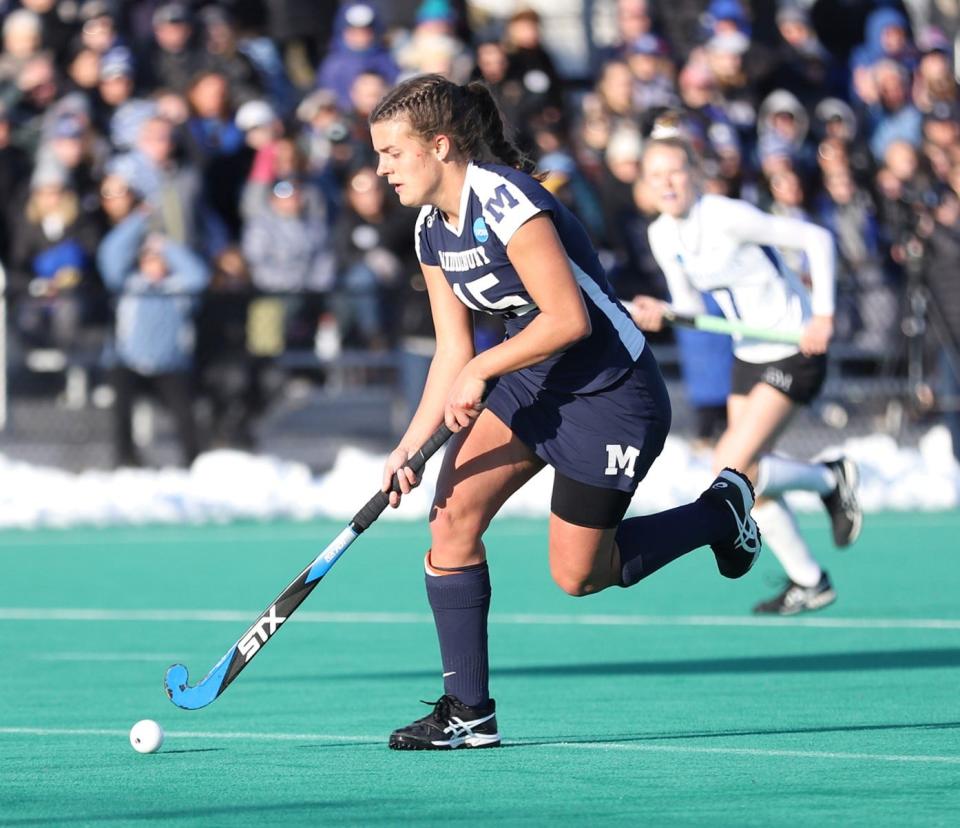 Erin Nicholas carries the ball on the attack for Middlebury College in the 2019 D-III national field hockey championship game. Middlebury edged Franklin & Marshall 1-0 to win its third straight national title.