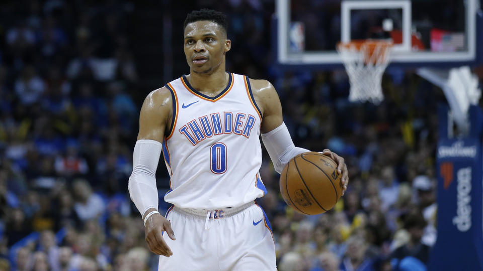 An Oklahoma Thunder broadcaster said that Russell Westbrook was “out of his cotton-picking mind” on Wednesday night. (AP Photo/Sue Ogrocki)