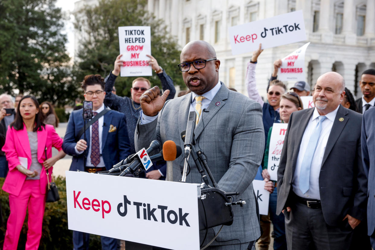 U.S. Representative Jamal Bowman (D-NY) joins TikTok creators at a news conference to speak out against a possible ban of TikTok at the House Triangle at the United States Capitol in Washington, U.S., March 22, 2023. REUTERS/Evelyn Hockstein