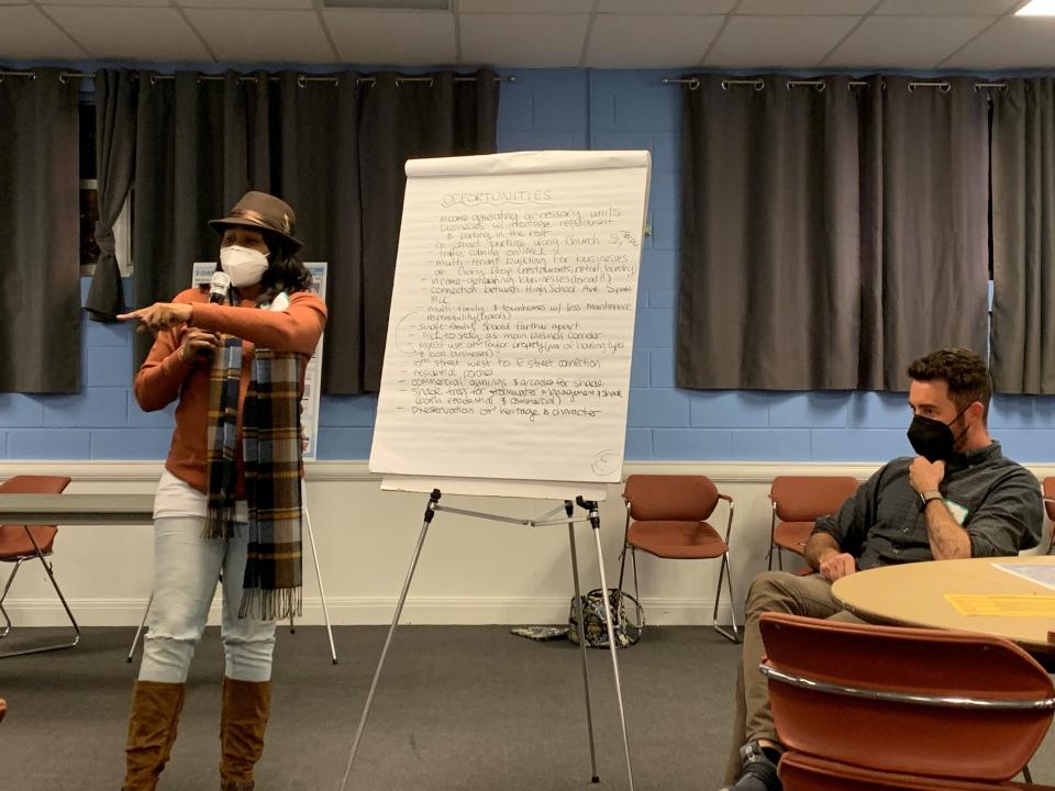 Nina Dooley, of the Afro American Citizens of East Stuart,  presents ideas about commercial and residential developments in East Stuart as City Commissioner Mike Meier listens during a development code workshop at 10th Street Community Center on Jan. 11, 2022.