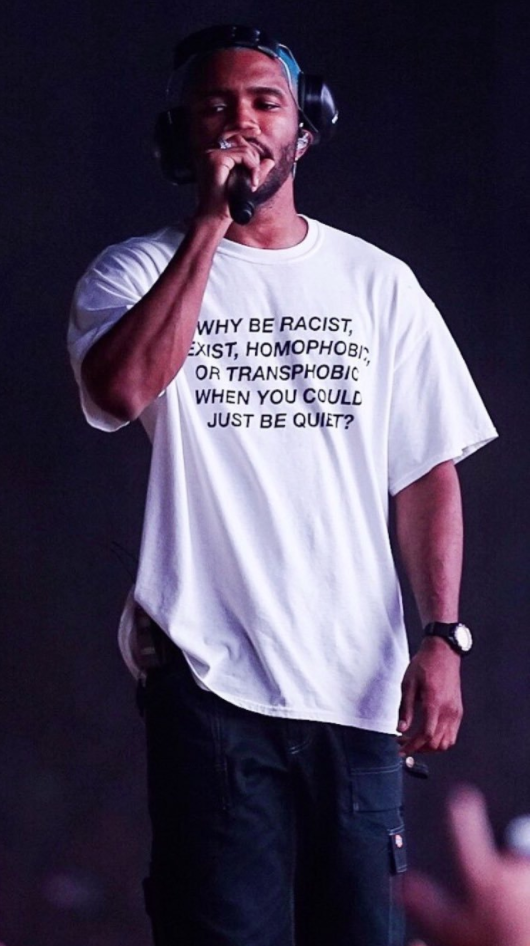 <p>Singer Frank Ocean wore this shirt by a small e-commerce site, Green Box Shop, during his performance at the Panorama Music Festival. The shirt reads, “Why be racist, sexist, homophobic or transphobic when you could just be quiet?” (Photo: derby via Twitter) </p>